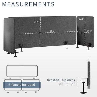 VIVO Dark Gray Clamp-on 108 x 24 inch Privacy Panel, PP-3-V108D | 60 x 24 inch (x1), 24 x 24 inch (x2), Sound Absorbing Cubicle Desk Divider, 3 Acoustic Partitions - color: Dark Gray, size: 108"