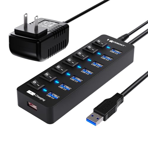 Powered USB Hub 3.0,VEMONT 7 Ports Multi USB hubs and 1 USB Smart Charging Port with 5V/3A Power Supply,USB Extension Splitter with Individual On/Off Switches and 4ft/1.2m Long Cable for PC/Laptop