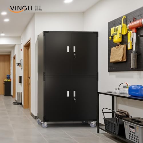 VINGLI Large Garage Storage Cabinet with 4 Doors, Upgraded Height & Wide & Deep, 43''W x 23''D x 75''H, Oversized Metal Storage Cabinet with Pegboards Wheels Locks and Adjustable Shelves (Black) - color: Black, size: Larger 75'' Rolling Cabinet (4-Door)