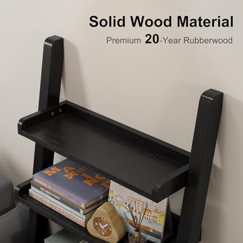 AQIMUELE Black Wooden Ladder Shelf with Edges, 5-Tier Modern Leaning Bookshelf Ladder – Stylish Space-Saving Bookcase for Living Room, Bedroom & Home Office - color: Black, size: 5-Tier