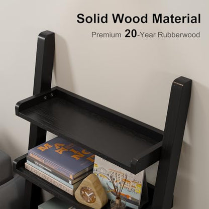 AQIMUELE Black Wooden Ladder Shelf with Edges, 5-Tier Modern Leaning Bookshelf Ladder – Stylish Space-Saving Bookcase for Living Room, Bedroom & Home Office - color: Black, size: 5-Tier