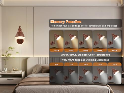 GOODATE 1 Pack Plug in Wall Sconce with Remote Control, Dimming, Adjustable Colors 2700K-6500K, Plug in Wall Light, Swing Arm Wall Lamp with Night Light & Timer, LED Bulb Included, Walnut Finish - size: Walnut-1 PACK(Bulb+Remote)