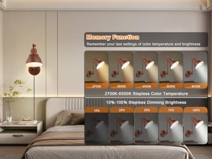 GOODATE 1 Pack Plug in Wall Sconce with Remote Control, Dimming, Adjustable Colors 2700K-6500K, Plug in Wall Light, Swing Arm Wall Lamp with Night Light & Timer, LED Bulb Included, Walnut Finish - size: Walnut-1 PACK(Bulb+Remote)