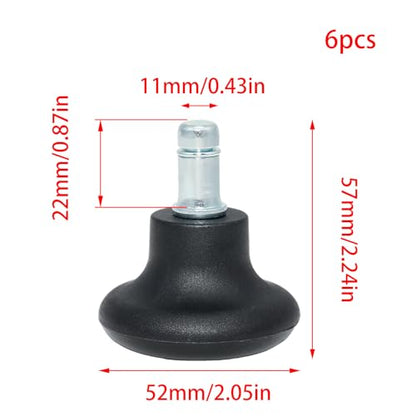 6 Pack Black Chair Glides, Office Chair Feet 11mm | Nylon Body, Steel Stem, 57mm Height, 52mm Base, 22mm Grip Ring, Push In Install, Fits Stools - style: Big