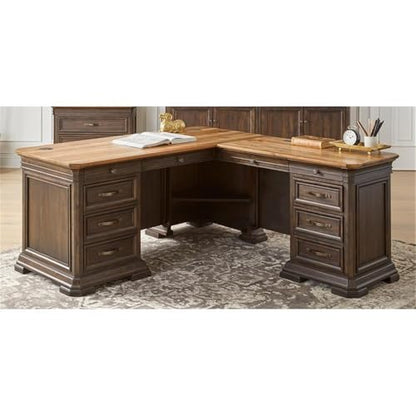 Bowery Hill Executive L-Desk & Return, 68 x 72 x 30 in, Solid Wood Plank Top, Brown Finish, Two-Tone Design, Antique Bronze Hardware, Dropfront Drawer, AC/USB Power Center, Fully Assembled Office Desk