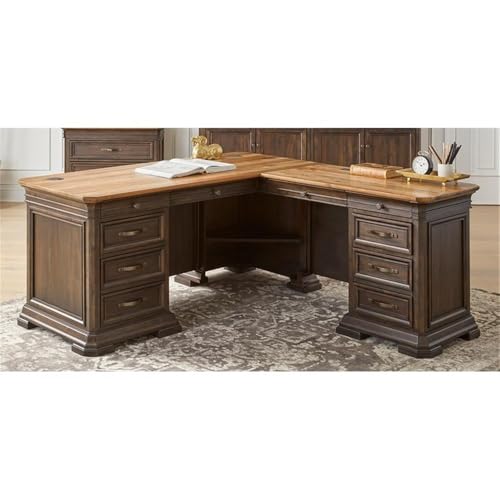Bowery Hill Executive L-Desk & Return, 68 x 72 x 30 in, Solid Wood Plank Top, Brown Finish, Two-Tone Design, Antique Bronze Hardware, Dropfront Drawer, AC/USB Power Center, Fully Assembled Office Desk