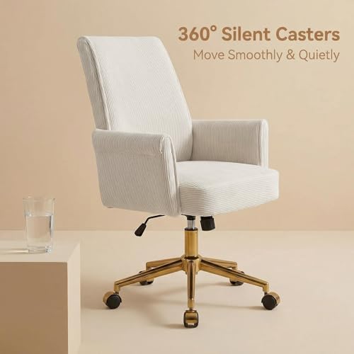 YITAI Stripes Velvet 360°Swivel Desk Chair, Modern Height Adjustable Home Office Armchair with Gold Base and Wheels for Vanity, Comfy Computer Chair for Study Living Room Bedroom（Beige） - color: Beige