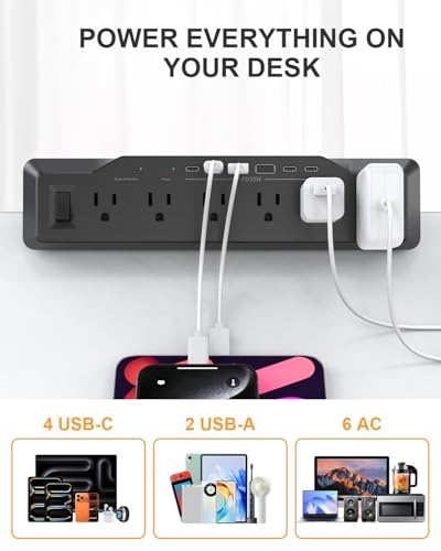Desk Clamp Power Strip Surge Protector, 6 Outlets, Flat Plug, 1800J, 4 USB-C Ports (Any Port 35W), for Home & Office, Flame-Retardant PC-ABS Housing, Fits 1.96" Desk Edge, Black - style: Desk Clamp Socket - Black