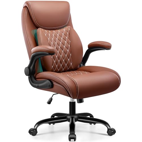 Office Chair, Ergonomic Desk Chair with Lumbar Support for Lower Back Pain Relief, Executive Leather Chair with Padded Flip-up Armrests and Wheels, Brown - color: Brown, size: 1 Pack