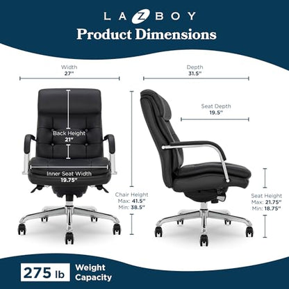 La-Z-Boy Sonata Executive Mid-Back Office Chair, Button-Tufted Seat and Back, Double-Layer Cushion, Padded Armrests, Ergonomic Computer DeskChair, Swivel Metal Base, Bonded Leather, Black/Chrome - color: Black and Chrome