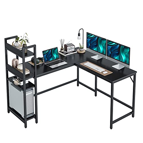 CubiCubi L Shaped Desk, 51.1 Inch Computer Corner Desk with Hutch, Storage Shelves, Writing Gaming Study Desk with Bookshelf, Black - color: Black, size: 51.1" with Hutch