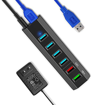 USB Hub, Aiibe 6 Ports Super High Speed USB 3.0 Hub Splitter + 24W Power Adapter + USB 3.0 Cable, Black Smart Fast Charger Powered USB Hub for Laptop, Mac, PC, Mobile HDD, Mulitple Devices - color: Black 6 Port