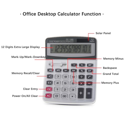 OFFIDIX Desk Office Calculator, 12 Digits Large Solar LCD Display ﻿ - color: Silver