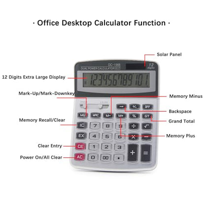 OFFIDIX Desk Office Calculator, 12 Digits Large Solar LCD Display ﻿ - color: Silver