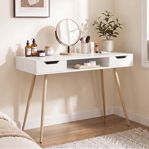 Tangkula Mid Century Modern Desk Simple Computer Desk | White Writing Desk Vanity Table w/2 Drawers & Open Center Storage, Small Wooden Study Table for Home Office & Compact Spaces - color: White
