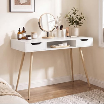 Tangkula Mid Century Modern Desk Simple Computer Desk | White Writing Desk Vanity Table w/2 Drawers & Open Center Storage, Small Wooden Study Table for Home Office & Compact Spaces - color: White