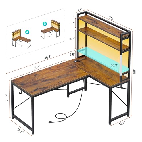 SEDETA L Shaped Desk with Hutch, 45.3” Reversible Home Office Desk, L Shaped Gaming Desk with LED Lights, Power Outlet, Storage Shelves and Hooks for Small Space, Rustic Brown - color: Rustic Brown