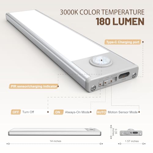 14 inch Under Cabinet Lighting, 6 Pack Motion Sensor Light Indoor Rechargeable Magnetic Closet Lights Battery Operated, Under Counter Lights for Kitchen, Wardrobe, Hallway, Stairs Warm White Light - color: Warm White Light, size: 14inch