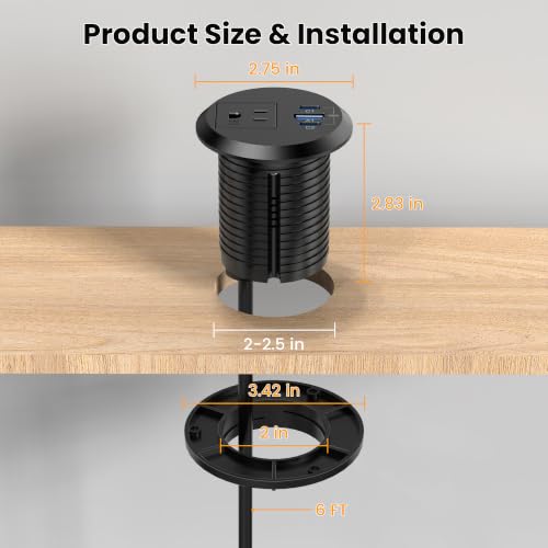 2 Inch Desk Power Grommet Outlet, 1AC Outlets, 3 USB (2 USB-C), Black, 6FT - color: Black