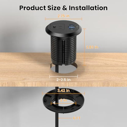 2 Inch Desk Power Grommet Outlet, 1AC Outlets, 3 USB (2 USB-C), Black, 6FT - color: Black