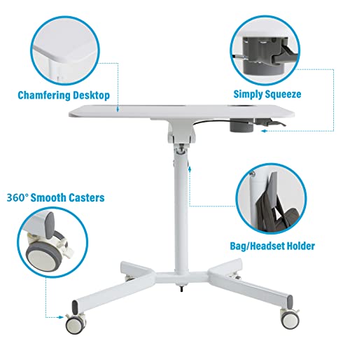 Lipo Mobile Sit Stand Desk - Height Adjustable Standing Laptop Desk Cart Rolling Couch Table on Wheels White Workstation with Gas Spring Riser for Home Office Classroom