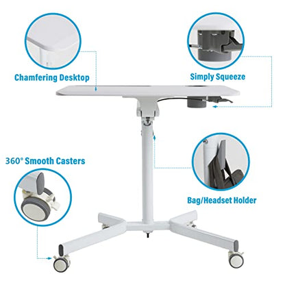 Lipo Mobile Sit Stand Desk - Height Adjustable Standing Laptop Desk Cart Rolling Couch Table on Wheels White Workstation with Gas Spring Riser for Home Office Classroom