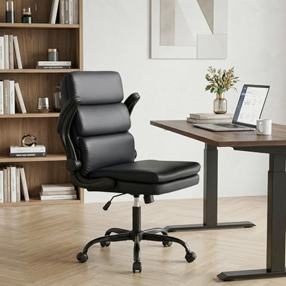 Mid Back Office Desk Chair,Leather Conference Room Chairs,Ergonomic Home Computer Chair,Modern Executive Chair with Padded Flip-up Armrest and Swivel Wheels (Black) - color: Black