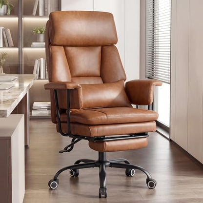 Big and Tall Office Chair, PU Leather High Back Executive Office Chair with Adjustable Lumbar Support, Gaming Chair with Padded Arm and Pillow, Height Adjustment, Footrest, Brown - color: Brown-1