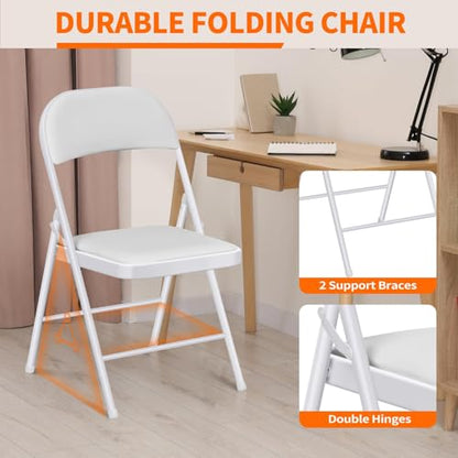 Fenbeli 2 Pack Padded Folding Chairs with Cushion, White PU Leather Foldable Chairs for Dining, Balcony & Spare Guest Pair, 330-Pound Heavy-Duty Steel Frame, Auto-Lock Hinge, Wipe-Clean, Folds Flat - color: White, size: Set of 2