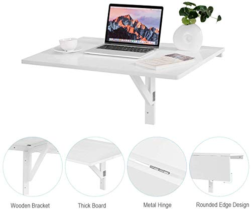Wall Mounted Folding Table, 31.5’’ x 23.5’’ Wood Floating Desk for Laptop, Study & Dining in Balcony, Bedroom, Bathroom, Kitchen, Drop-Leaf Wall Desk Fold Down for Small Spaces (White)