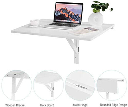 Wall Mounted Folding Table, 31.5’’ x 23.5’’ Wood Floating Desk for Laptop, Study & Dining in Balcony, Bedroom, Bathroom, Kitchen, Drop-Leaf Wall Desk Fold Down for Small Spaces (White)