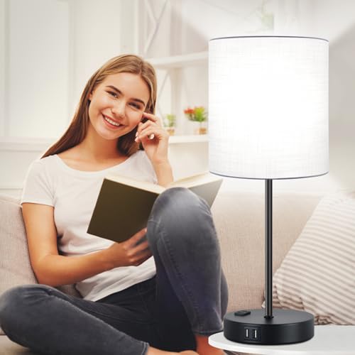 Lynnoland Set of 2 Touch Control Table Lamps with 2 USB & AC Outlet, 3-Way Dimmable Bedside Nightstand Lamps for Bedroom Living Room Nursery, 800 Lumens 5000K Daylight Bulbs Included - color: White & Matte Black (Base) - 5000K