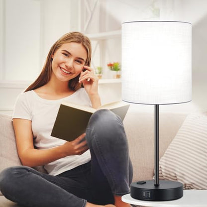 Lynnoland Set of 2 Touch Control Table Lamps with 2 USB & AC Outlet, 3-Way Dimmable Bedside Nightstand Lamps for Bedroom Living Room Nursery, 800 Lumens 5000K Daylight Bulbs Included - color: White & Matte Black (Base) - 5000K