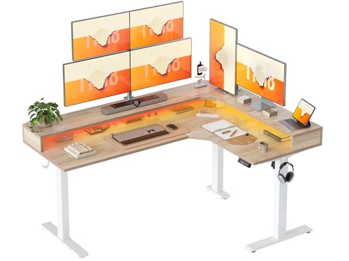 TIQLAB 63'' L-Shaped Standing Desk with LED Light Strip and Power Outlet, Height Adjustable Corner Table with Ergonomic Monitor Stand, Maple - color: Maple, size: 63*47 inch with top shelf