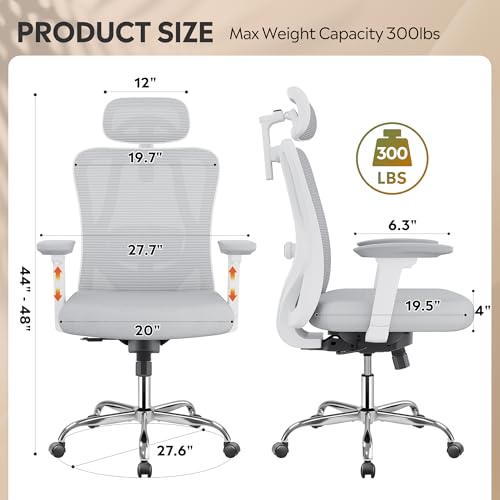 DEVAISE Ergonomic Mesh Office Chair with Adjustable 3D Headrest and Tilt Function, Big and Tall Reclining Comfy Home Computer Desk Chair with Lumbar Support and 3D Armrests, White