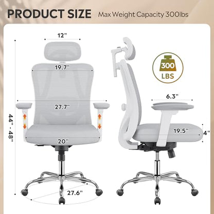 DEVAISE Ergonomic Mesh Office Chair with Adjustable 3D Headrest and Tilt Function, Big and Tall Reclining Comfy Home Computer Desk Chair with Lumbar Support and 3D Armrests, White