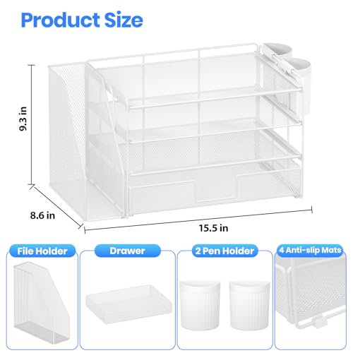 OPNICE Desk Organizer, 4-Tier Desktop File Organizer with Drawer and Pen Holders, Office Desk Accessories, File Sorters, Workspace Organizers for Office Supplies(White) - color: White, size: 4T