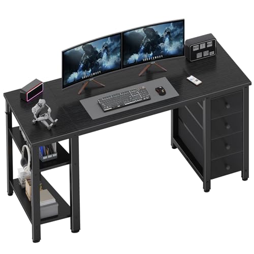 Lufeiya Gaming Desk with 4 Fabric Drawers & Storage Shelves, 55 inch Computer Writing Work Study Desk for Home Office Bedroom, Modern Simple Student PC Desks Table, Black - color: Black, size: 55.1"