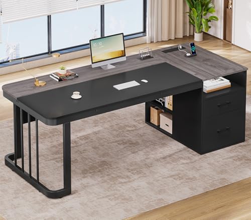 UPOSOJA 70.9" Executive Desk with Power Outlet, Large Office Desk with Drawers & Lateral File Cabinet, Modern Long Computer Desk with Adjustable Storage Shelves, Workstation Business Furniture (Grey) - color: Grey