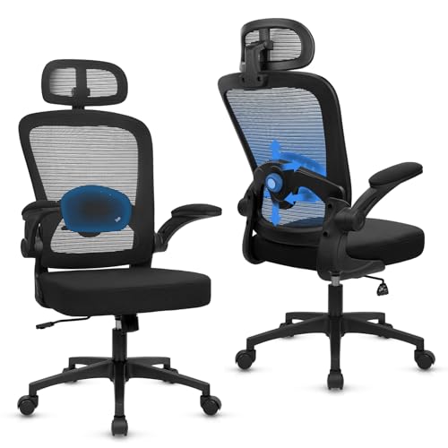 KLASIKA Desk Chairs with Wheels, Ergonomic Mesh Back Home Office Chair with Headrest, Adjustable Lumbar Support Swivel Rolling Computer Chairs with Flip Up Arms for Conference Meeting Room, Black, 2PK - color: Black_villy_headrest, size: 2PK