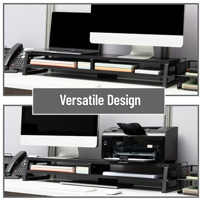 Mind Reader 2-Tier MDF Double Monitor Stand, Dual Screen Riser with Storage Shelf, 33.75 Inch Wide, 88 lb Capacity, Black