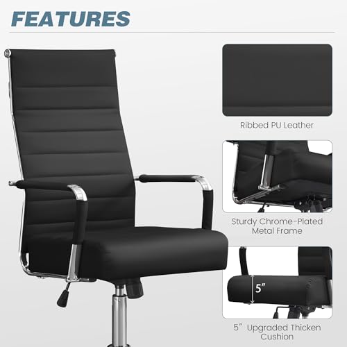 JOMEED Office Desk Chair,Conference Room Chair,High Back PU Leather Swivel | Modern Executive Ribbed Design, Ergonomic, Height Adjustable, Wheels and Arms, for Home Office(Black-Silver Frame) - color: Black-sliver Frame