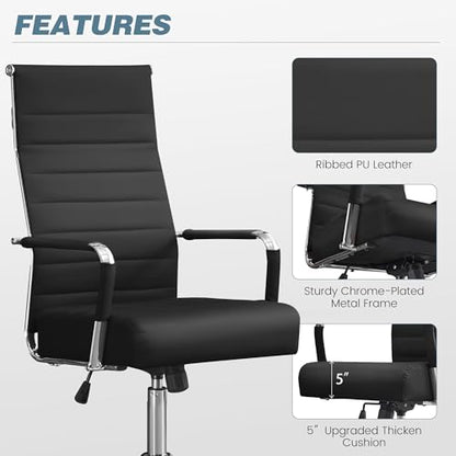 JOMEED Office Desk Chair,Conference Room Chair,High Back PU Leather Swivel | Modern Executive Ribbed Design, Ergonomic, Height Adjustable, Wheels and Arms, for Home Office(Black-Silver Frame) - color: Black-sliver Frame