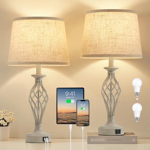 Table Lamp for Bedroom Set of 2 with USB C+A Ports,Modern Night Stand Lamps - color: Light Grey Base + Beige Shade