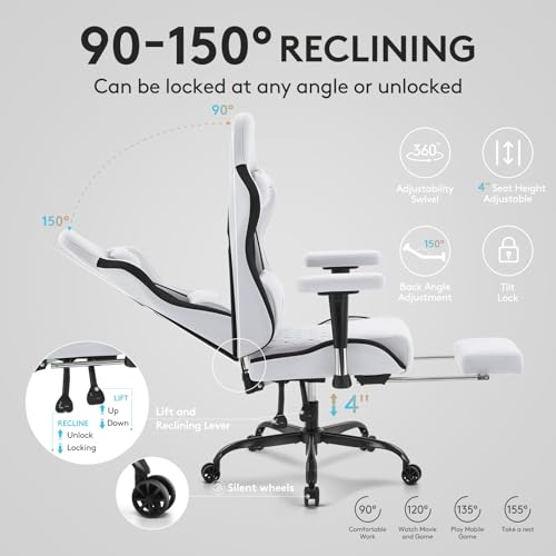 Gaming Chair,Office Chair with Footrest,Massage,Grey Black | Breathable Fabric,Gel Pad,Ergonomic,Spring Cushion,High Back,2D Adjustable Arms,Reclining,Lumbar Support,Headrest,Gamer Chair - color: Grey Black