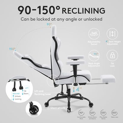 Gaming Chair,Office Chair with Footrest,Massage,Grey Black | Breathable Fabric,Gel Pad,Ergonomic,Spring Cushion,High Back,2D Adjustable Arms,Reclining,Lumbar Support,Headrest,Gamer Chair - color: Grey Black