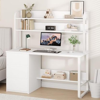 MaverickFurni 55 Inch White Computer Desk with Hutch and 3 Drawers - color: White, size: 55"W