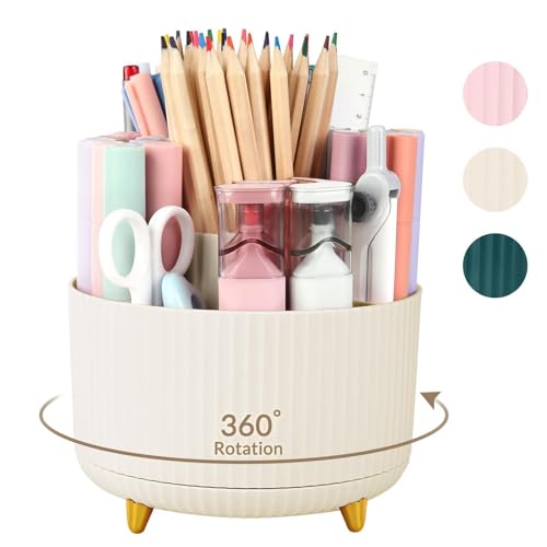 SKYDUE 360 Rotating Plastic Desk Pen Organizer with 5 Slots, Dual-Purpose Art Supply Pencil Cup for Office, School, Home - color: Beige_1Pack