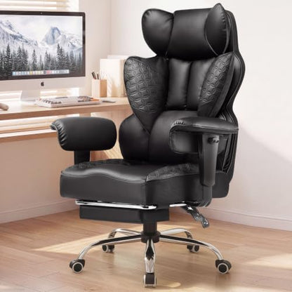 COMHOMA Big and Tall Office Chair Heavy Duty Gaming Chair with Deluxe Embossing Leather High Back Wider Ergonomic Computer Chair with Foot Rest 145°Reclining Pocket Spring Lumbar Support - color: Pure Black