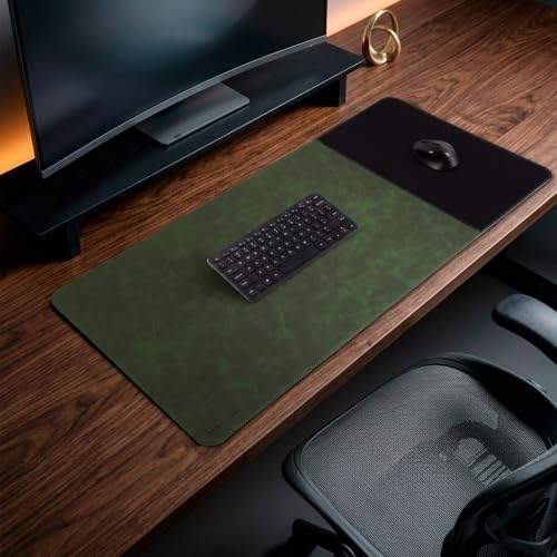 HAUTOCO Cork Desk Mat 36''x17'', Distressed PU Leather & Cloth Desk Pad - color: Dark Green, size: 36" x 17"